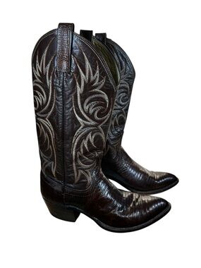 Vintage Dan Post Lizard Skin Cowboy Boots Womens 8.5 D Brown Exotic Western Snip